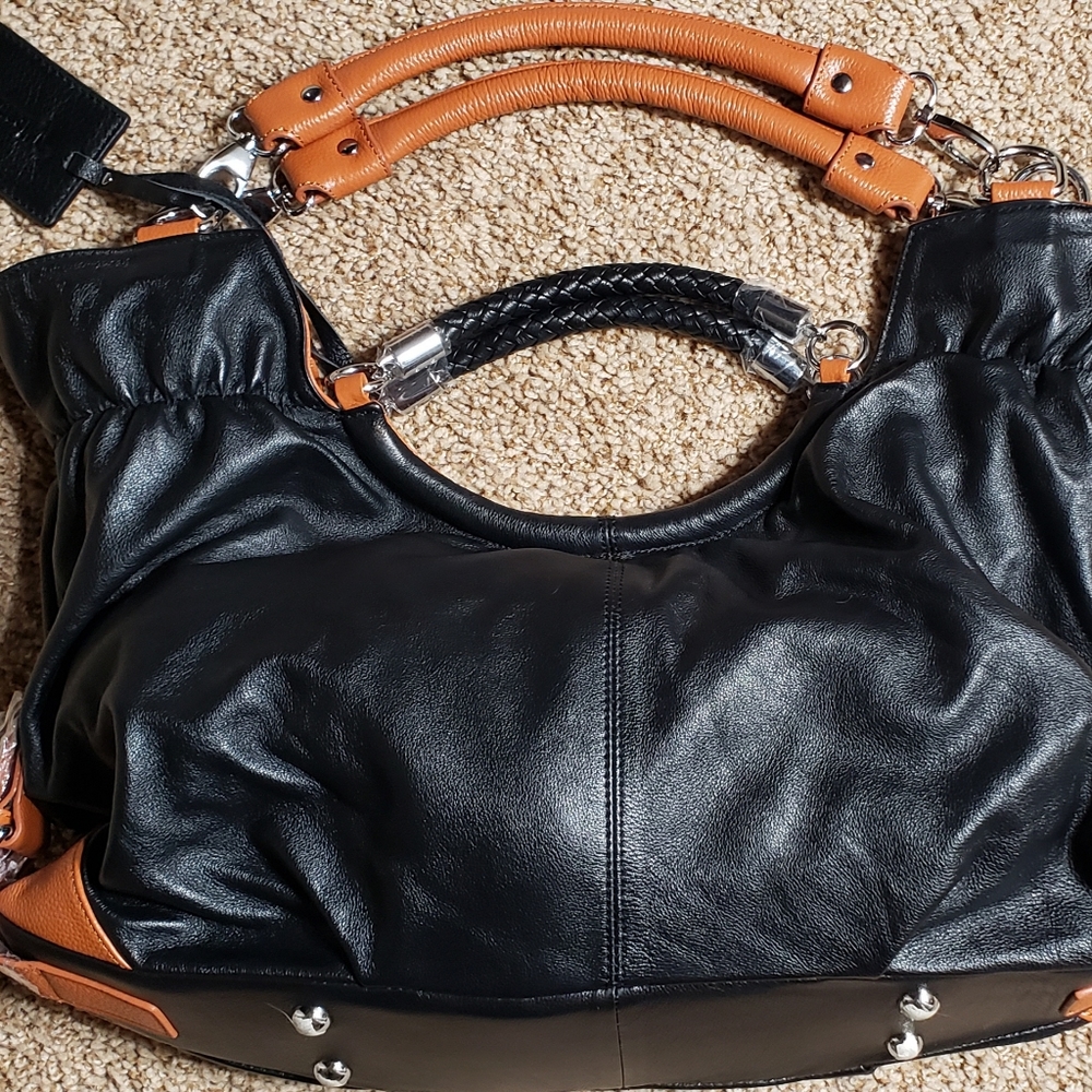 Vicenzo Hobo Bag-Double strap, black and tan. NEW